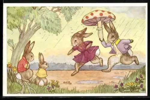 Künstler-AK sign. Doreen Parr: Hase hält Fliegenpilz über Häsin als Schutz vor Regen, Hasenkinder