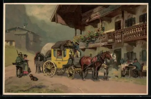 Künstler-AK Postkutsche macht Halt an einem Gasthaus
