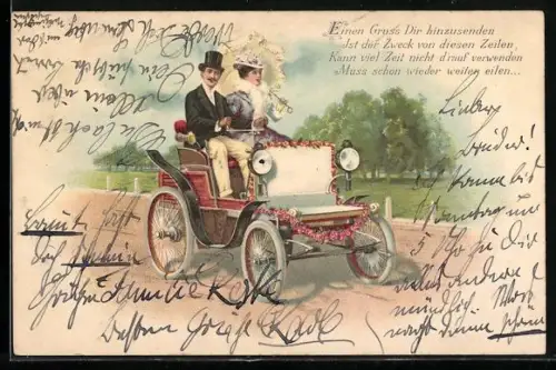 Lithographie Autofahrt Paris-Berlin, Paar in blumengeschmücktem Auto