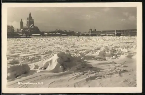 AK Wien, Der Eisstoss auf der Donau von 1929, Reichsbrücke im Hintergrund