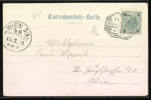 AK Maria Taferl, Strasse aus der Vogelschau, bunte Fenster