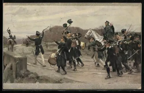 Künstler-AK Rob. v. Haug: Blüchers Vortrupp erblickt den Rhein bei Caub, preussische Infanterie