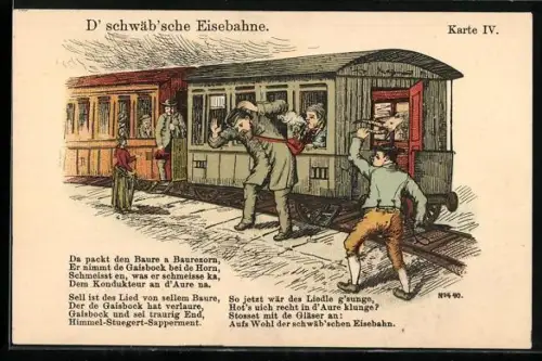AK D`schwäb`sche Eisenbahne, Karte IV., Bauer nimmt seine Ziege mit in den Wagon, Vers