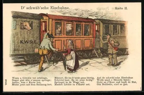 AK D` schwäb`sche Eisenbahne, Karte II., Bauern steigen in den Zug, Verse