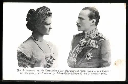 AK Vermählung des Grossherzogs Ernst Ludwig von Hessen mit der Prinzessin Eleonore zu Solms-Hohensolms-Lich, 1905