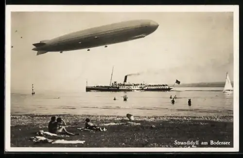 AK Luftschiff Graf Zeppelin über dem Bodensee mit Dampfschiff