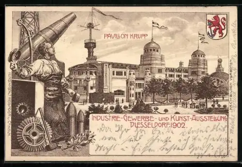 Lithographie Düsseldorf, Industrie-Gewerbe- u. Kunst-Ausstellung 1902, Pavillon Krupp, Kanone, Arbeiter, Wappen