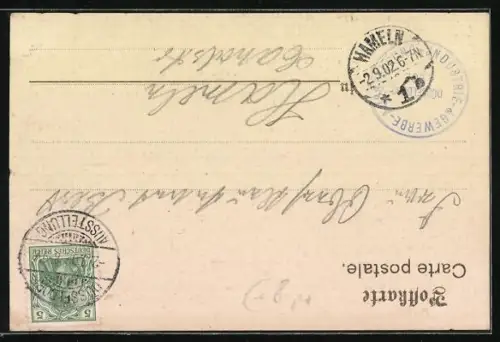 Lithographie Düsseldorf, Industrie-Gewerbe- u. Kunst-Ausstellung 1902, Pavillon Krupp, Kanone, Arbeiter, Wappen