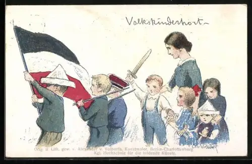 Künstler-AK Volkskinderhort, Kinder mit Reichsfahne und Papierhüten