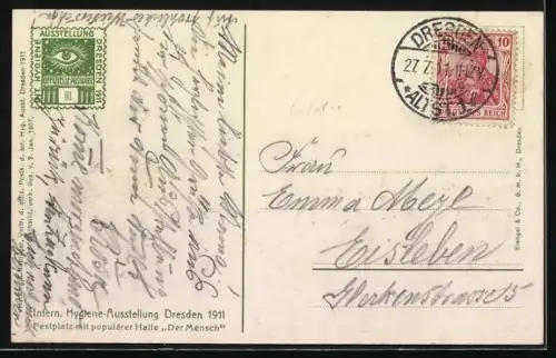 AK Dresden, Internationale Hygiene-Ausstellung 1911, Festplatz mit populärer Halle der Mensch