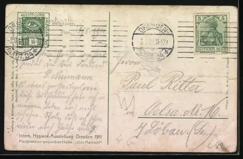 AK Dresden, Internationale Hygiene-Ausstellung 1911, Festplatz mit populärer Halle