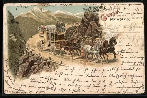 Lithographie Montagnes, Postkutsche mit Passagieren auf der Bergstrasse