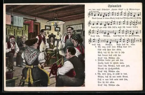 Lied-AK Hilmar Mückenberger: Spinnlied in Text- und Notenzeilen, Blick in eine Stube mit Frauen am Spinnrad