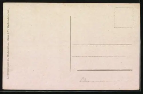 Lied-AK Hilmar Mückenberger: Spinnlied in Text- und Notenzeilen, Blick in eine Stube mit Frauen am Spinnrad