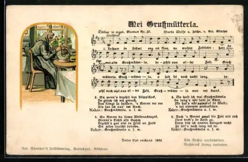 Lied-AK Anton Günther: Lied Mei Grussmütterla in Text- und Notenzeilen, altes Mütterchen am Tisch sitzend