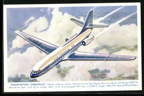 Künstler-AK Flugzeug Caravelle der Air France über den Wolken