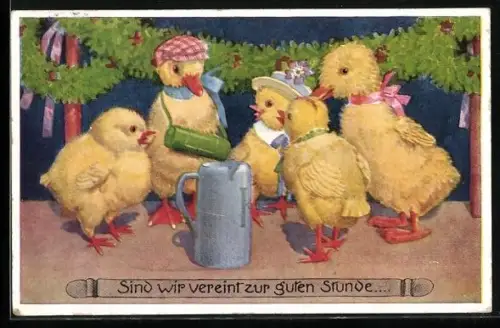 Künstler-AK F. Jüchtzer: Küken stehen um einen Bierkrug