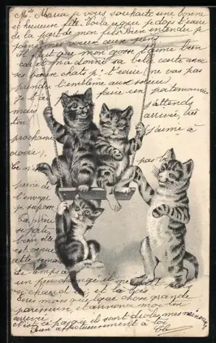 Lithographie Katzen auf Schaukel