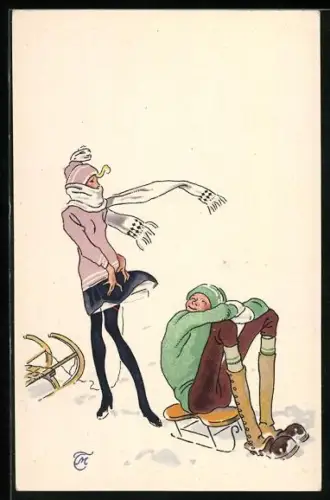 Künstler-AK Mann blickt vom Schlitten hinauf zu seinem Mädchen