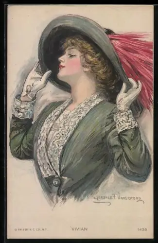 Künstler-AK Clarence F. Underwood: Vivian, Schöne Frau mit grossem Hut und Handschuhen