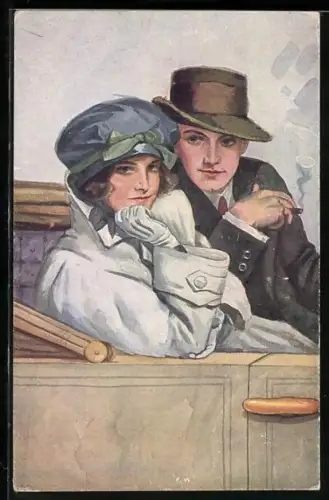 Künstler-AK Hochzeitsreise, Liebespaar in Auto