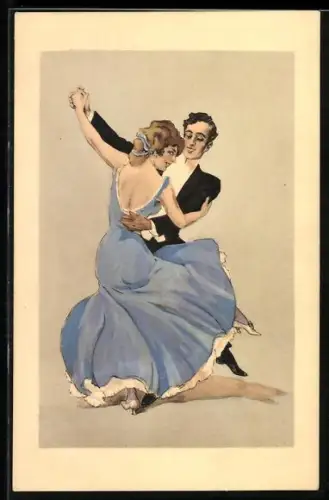 AK Sportliches Paar in Abendkleidung beim rasanten Tanz