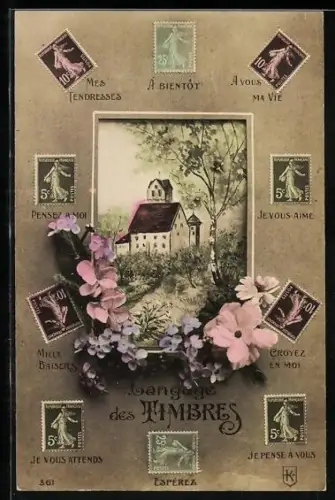 AK Teilansicht mit Kirche, Briefmarkensprache: Mes Tendresses, A Bientot, Croyez en Moi