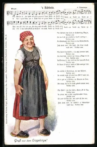Lied-AK Hilmar Mückenberger: 's Bärbele, Text, Frau mit Kopftuch