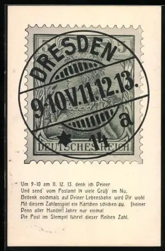 AK Seltenes Datum 11.12.13, Briefmarke mit Dresden-Stempel