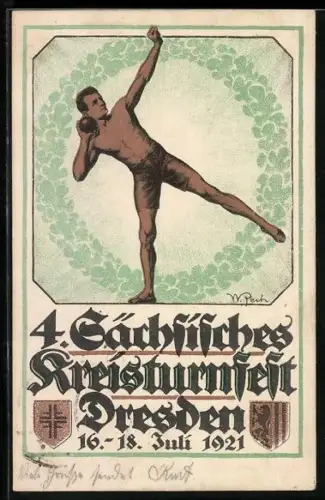 Künstler-AK Dresden, 3. Sächsisches Kreisturnfest 1921, Sportler beim Kugelstossen