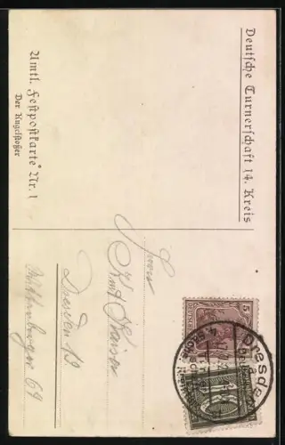 Künstler-AK Dresden, 3. Sächsisches Kreisturnfest 1921, Sportler beim Kugelstossen