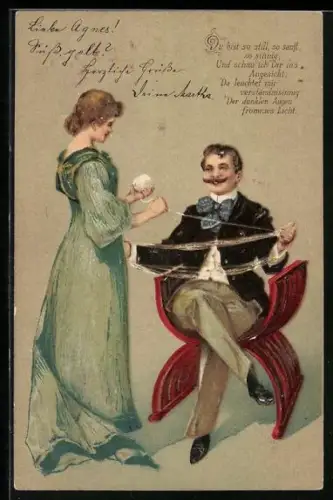 AK Liebesdienst, Mann hält die Wolle, Frau wickelt diese als Knäuel zusammen