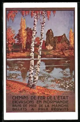 AK Normandie, Partie am See, Reklame der Chemins de Fer de L`Etat, Tourismus, Birken