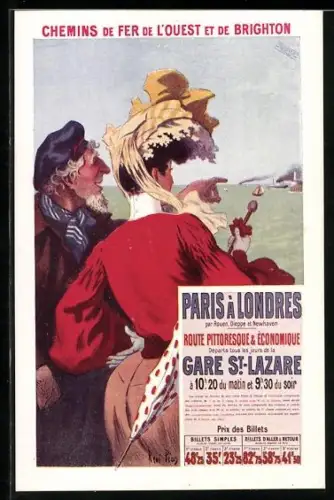 Künstler-AK Chemins de Fer de l`Ouest et de Brighton, Paris à Londres, Dame und Seebär