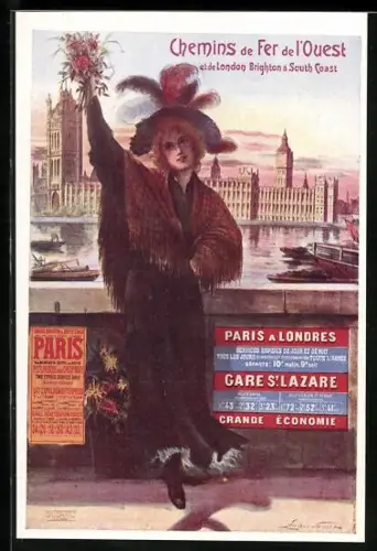 Künstler-AK Chemins de Fer de l`Ouest et de Brighton, Frau vor dem Westminster, Werbung für Tourismus