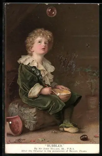 Künstler-AK Junge beobachtet eine Seifenblase Bubbles, Reklame für Seife Pears