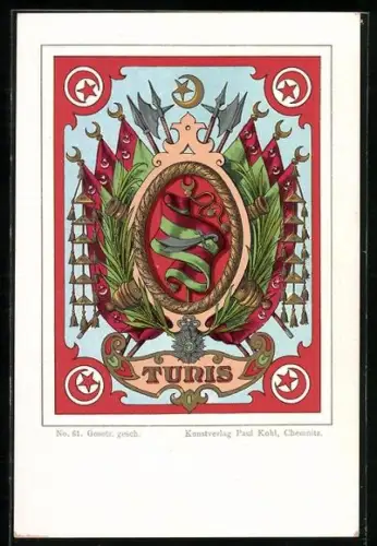 Künstler-AK Tunis, Wappen mit Speeren und Fahnen