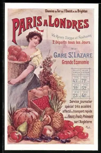 Künstler-AK Chemins de Fer de l`Ouest et de Brighton, Marktfrau, Werbung für Tourismus