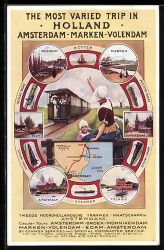 AK Amsterdam, The most varied Trip in Holland, Strassenbahn in Fahrt, Mädchen in Tracht