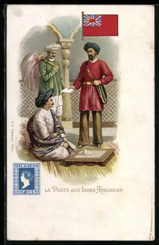 AK Indien, La Poste aux Indes Anglaises, indischer Briefträger mit Flagge