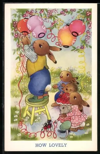 Künstler-AK Willy Schermele: Vermenschlichte Hasen, Maus und Igel bereiten eine Gartenparty vor