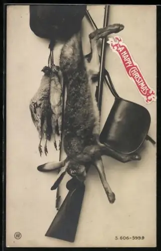 AK Jagdstillleben, abgeschossener Hase und Rebhühner neben Gewehr und Tasche des Jägers