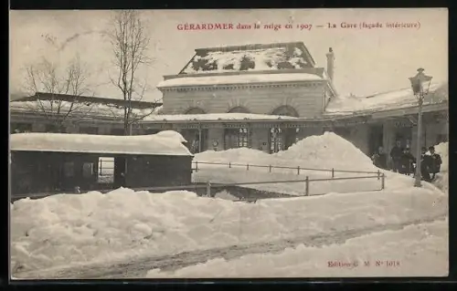 AK Gérardmer, La Gare, dans la neige en 1907, Bahnhof
