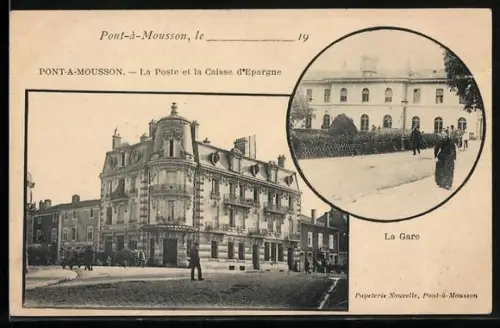 AK Pont-a-Mousson, La Gare, La Poste et la Caisse d`Espagne, Bahnhof