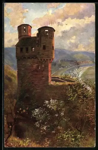 Künstler-AK Neckarsteinach, Das Schwalbennest mit Blick auf Neckarsteinach