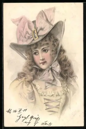 Lithographie Junge Dame mit offenem Haar und Hut