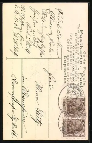 AK Grosse und kleine Katze mit Brief und Blumenkorb