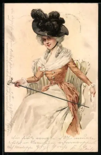 Künstler-Lithographie M. S. M.: Barockdame mit Hut und Gehstock