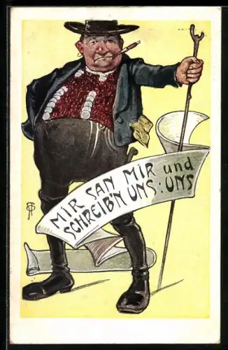 Künstler-AK Mir san mir und schreib`n uns: Uns, Münchner in Trachtenkleidung