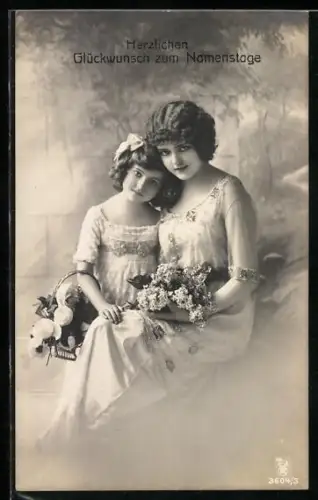 Foto-AK RPH Nr. 3604-3: Junge Frau und Mädchen mit Blumen senden Glückwünsche